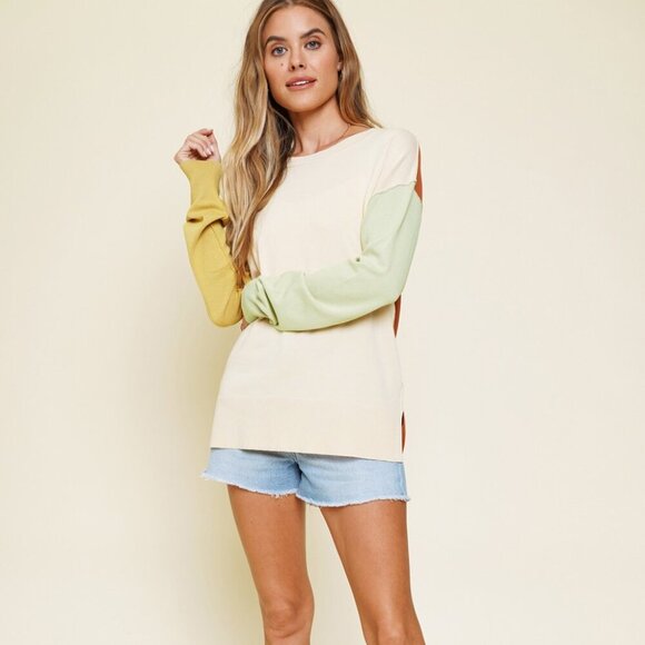 MYSTREE Color Block Knit Sweater, Cream Brown Yellow Green, Lightweight Pullover - Picture 3 of 8